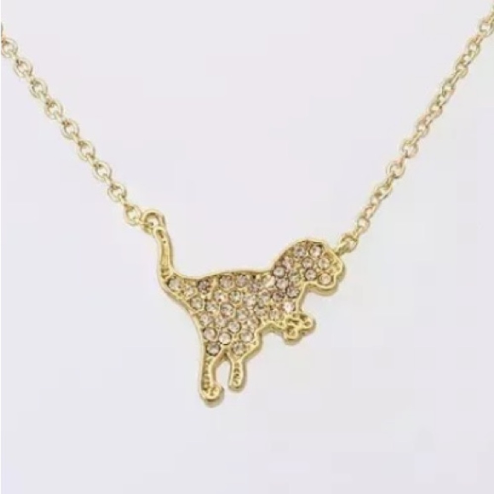 🦖NWT COACH Signature Pave Diamond Gold Rexy T-Rex Necklace + Dust Bag